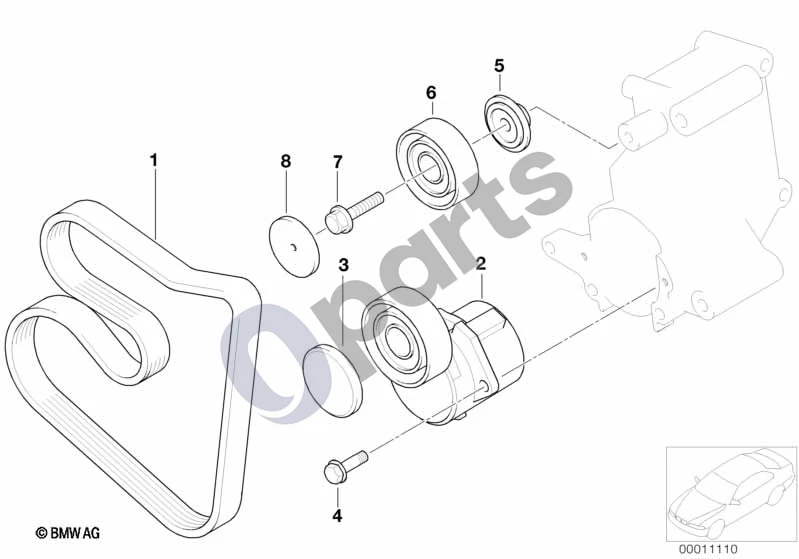 BMW 3 E36 (1991–2000) Diržinė pavara, vandens siurblys / generatorius (E36 318ISM44, E36 318TIM44) schema – pozicija 06: Reguliavimo skriemulys