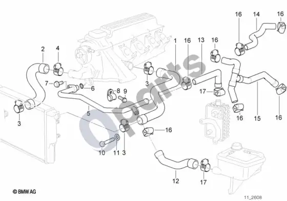 BMW 3 E36 aušinimo sistemos vandens žarnos (E36 318TDS) – schema