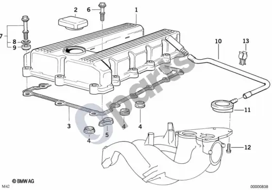 BMW 3 E36 cilindrų galvutės dangtis (E36 318TIM42) – schema