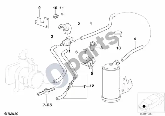 BMW 3 E36 degalų bako vėdinimo vožtuvas/oro išleidimo vožtuvas (E36 318TIM42) – schema