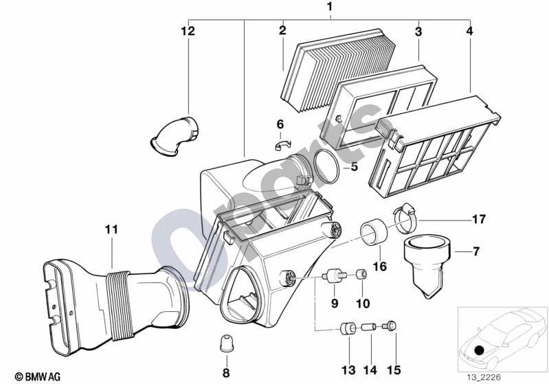 BMW 3 E36 (1991–2000) Įsiurbimo oro duslintuvas / filtro elementas (E36 320IM50) schema – pozicija 02: Oro filtro elementas