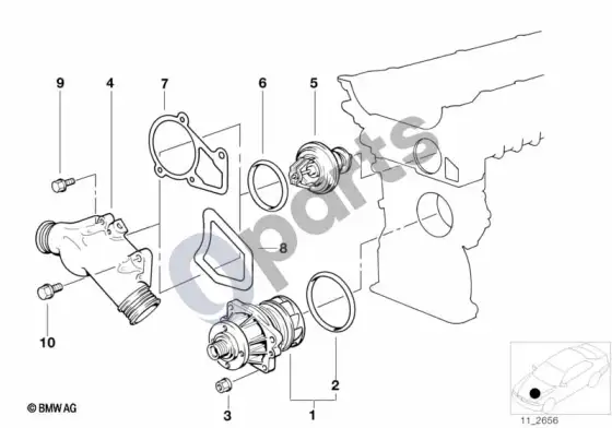 BMW 3 E36 vandens siurblys - termostatas (E36 320IM50) – schema