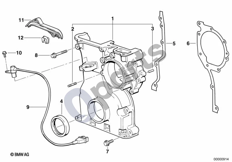 BMW 3 E36 (1991–2000) Paskirstymo mechanizmo korpusas (E36 320IM52, E36 320I) schema – pozicija 05: Apatinis grandinės dangčio metalinis tarpiklis