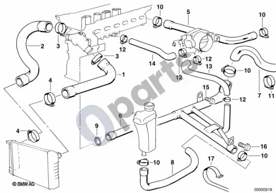 BMW 3 E36 aušinimo sistemos vandens žarnos (E36 320IM52, E36 323I, E36 328I, E36 320I) – schema