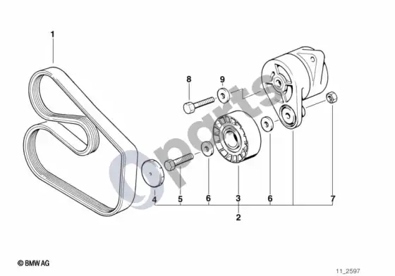 BMW 3 E36 diržinė pavara, vandens siurblys / generatorius (E36 320IM52, E36 323I, E36 328I, E36 320I, E36 323TI) – schema