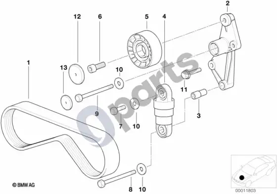 BMW 3 E36 kondicionieriaus kompresoriaus pavara diržu (E36 320IM52, E36 323I, E36 328I, E36 320I, E36 323TI) – schema