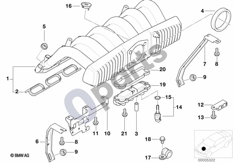 BMW 3 E36 (1991–2000) Įsiurbimo kolektoriaus sistema (E36 320IM52, E36 323I, E36 328I, E36 320I) schema – pozicija 14: Įsiurbiamo oro temperatūros jutiklis