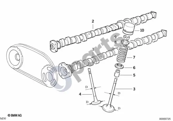 BMW 3 E36 vožtuvų paskirstymo mechanizmas - skirstomasis velenas; 1992.09 - ... – schema