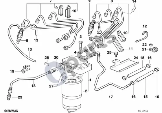 BMW 3 E36 degalų įpurškimo sistema, dyzelinas – schema
