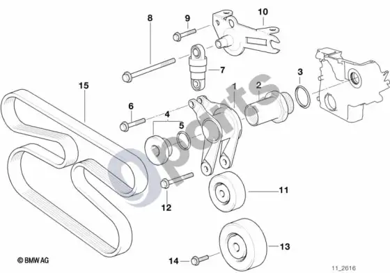 BMW 3 E36 diržinė pavara, vandens siurblys / generatorius (E36 325TDS) – schema