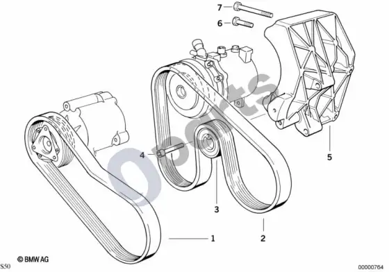 BMW 3 E36 diržinė pavara, oro siurblys/kondicionieriaus kompresorius (E36 M3) – schema
