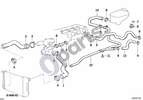 BMW 3 E36 aušinimo sistemos vandens žarnos (E36 M3, E36 m33.2) – schema
