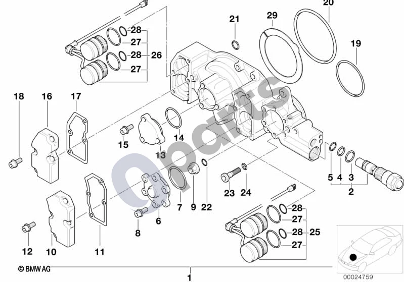 BMW 3 E36 (1991–2000) Cilindrų galvutė Vanos (E36 M33.2) schema – pozicija 01: VANOS reguliatoriaus komplektas