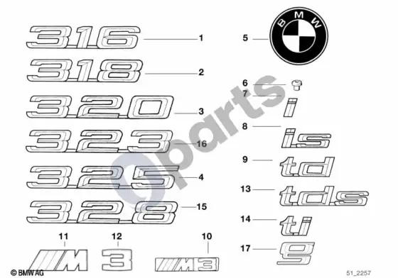 BMW 3 E36 emblemos / užrašai – schema