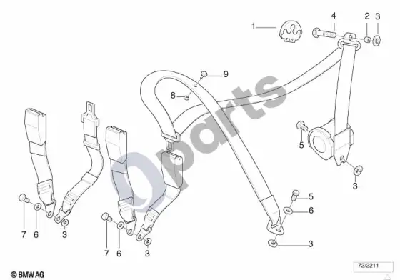 BMW 3 E36 galinių saugos diržų tvirtinimo detalės – schema