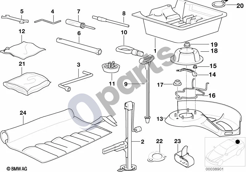 BMW 3 E36 (1991–2000) Įrankių komplektas / įrankių dėžė schema – pozicija 04: Avarinis įrankis elektriniams langams / stoglangiui