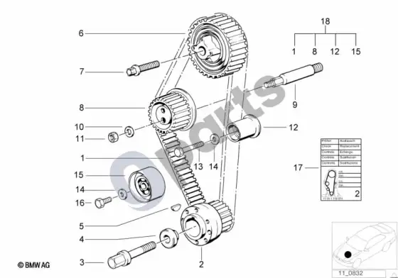 BMW 3 E36 paskirstymo mechanizmas – dantytas diržas – schema