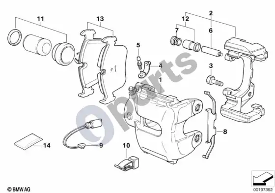 BMW 3 E36 priekinio rato stabdys, stabdžių trinkelių jutiklis – schema