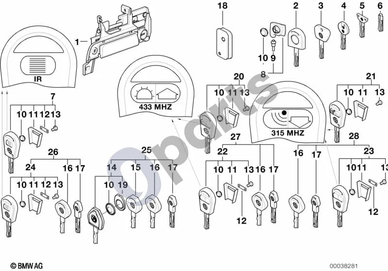BMW 3 E36 (1991–2000) Priekinių durų rankenėlė/spyna/raktas schema – pozicija 10: Akumuliatorius