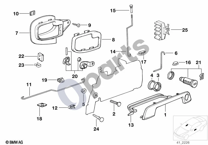 BMW 3 E36 (1991–2000) Priekinių durų valdymas / durų užraktas schema – pozicija 01: Apdaras priekinis kairys