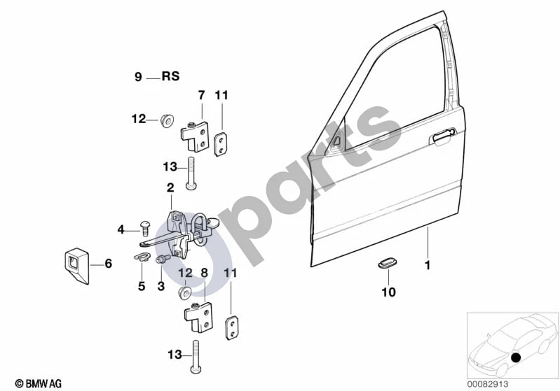 BMW 3 E36 (1991–2000) Priekinių durų vyris / durų ribotuvas schema – pozicija 06: Durų ribotuvo tarpiklis