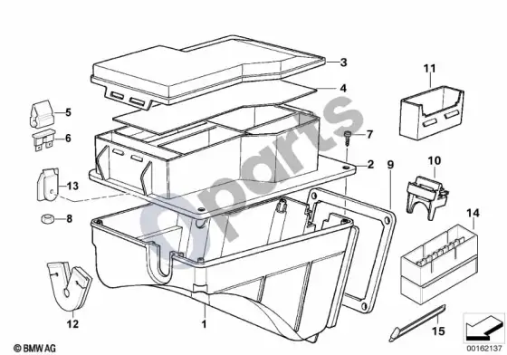 BMW 3 E36 saugiklių dėžės atskiri komponentai – schema