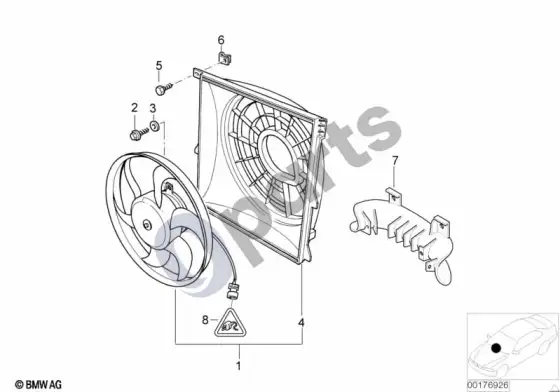 BMW 3 E36 siurbimo ventiliatorius su tvirtinimo detalėmis – schema