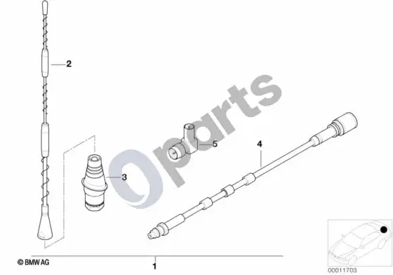 BMW 3 E36 šoninės sienelės antenos įrengimo komplektas – schema