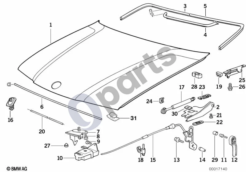 BMW 3 E36 (1991–2000) Variklio gaubto / tvirtinimo detalės schema – pozicija 20: Bowden troselis