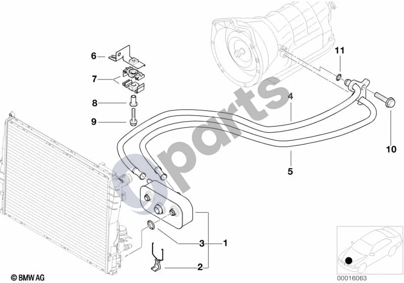 BMW 3 E46 (1998–2005) Alyvos aušinimas, automatinė pavarų dėžė A5S325Z schema – pozicija 05: Alyvos aušinimo vamzdis, įėjimas (A5S 325Z)