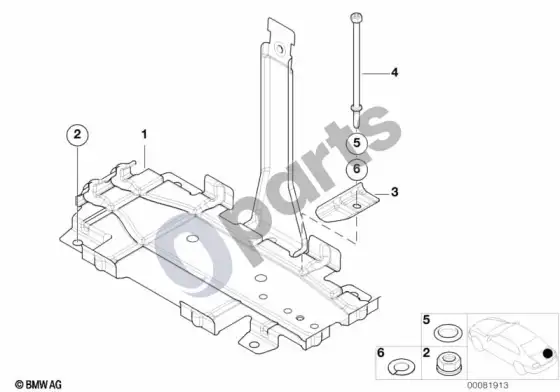 BMW 3 E46 akumuliatoriaus dėklas – schema