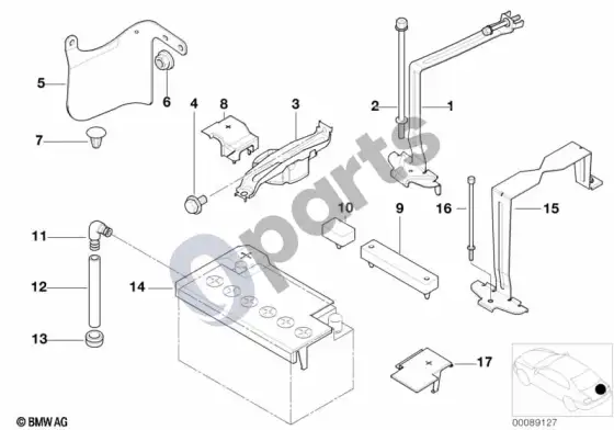 BMW 3 E46 akumuliatoriaus laikiklis ir tvirtinimo detalės – schema
