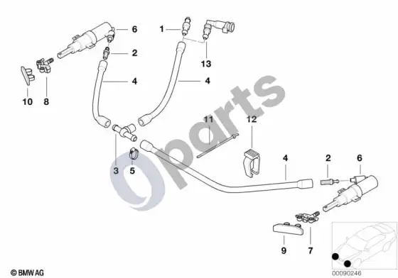 BMW 3 E46 atskiros dalys priekinių žibintų plovimui – schema