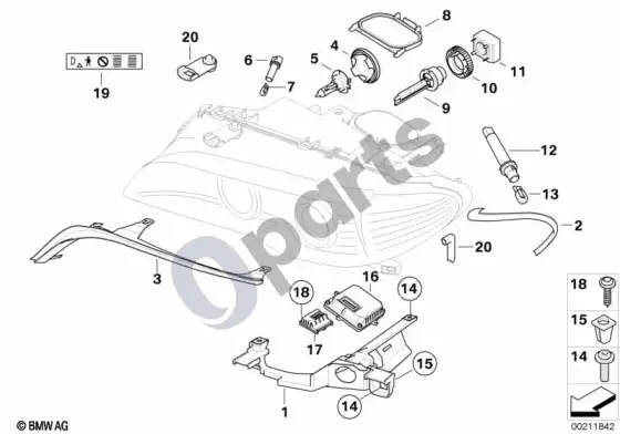 BMW 3 E46 atskiros dalys žibintui xenon/alc – schema