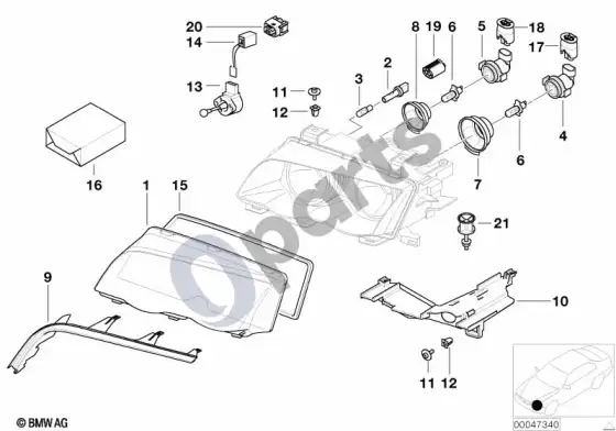 BMW 3 E46 atskiros žibinto dalys – schema