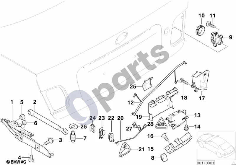BMW 3 E46 (1998–2005) Bagažinės dangtis / uždarymo sistema schema – pozicija 15: Fiksatoriaus laikiklis