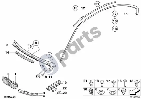 BMW 3 E46 išorės apdaila / grotelės – schema