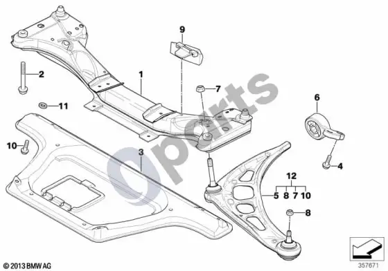 BMW 3 E46 priekinės ašies atrama/skersinė svirtis; 1999.11 - ... (E46 316CIN40, E46 318CIN42, E46 330CD, E46 316CIN45, E46 318CIN46) – schema