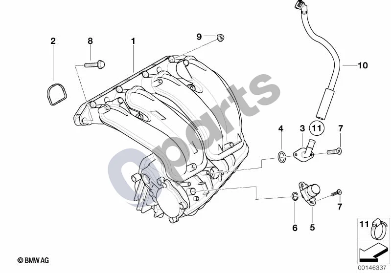 BMW 3 E46 (1998–2005) Įsiurbimo kolektoriaus sistema (E46 316CIN45, E46 316IN45, E46 316TIN45) schema – pozicija 01: Įsiurbimo kolektorius