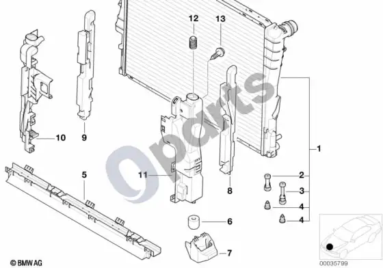 BMW 3 E46 radiatoriaus tvirtinimo detalės (E46 316i1.9, E46 318IM43, E46 316i1.6, E46 316TIN42, E46 320TD, E46 318CIM43, E46 316CIM43, E46 318CIN46, E46 318IN46, E46 316IN46, E46 316TIN46, E46 318TIN46) – schema