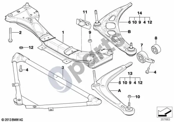 BMW 3 E46 priekinės ašies atrama/svirtis; ... - 2001.02 (E46 316i1.9, E46 318IM43, E46 316i1.6, E46 320DM47, E46 330DM57, E46 320IM54, E46 325I, E46 330I) – schema