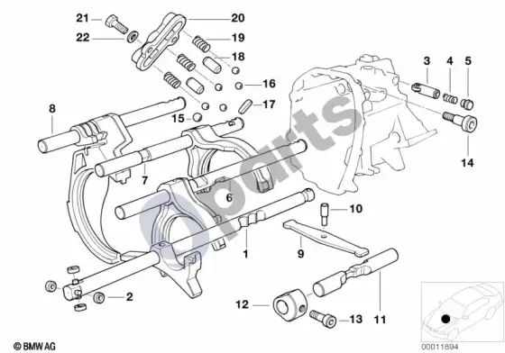 BMW 3 E46 s5d...g vidinės pavarų perjungimo dalys (E46 316i1.9, E46 318IM43, E46 316i1.6, E46 320IM52, E46 323I, E46 320IM54, E46 325I, E46 316TIN40, E46 316TIN42, E46 318TIN42, E46 316IN42, E46 318IN42, E46 316IN40, E46 320CIM54, E46 325CI, E46 316CIN40, E46 318CIN42, E46 318CIM43, E46 316CIM43, E46 320CIM52, E46 323CI, E46 320CI, E46 316CIN45, E46 318CIN46, E46 318IN46, E46 316IN46, E46 316IN45, E46 316TIN45, E46 316TIN46, E46 318TIN46) – schema