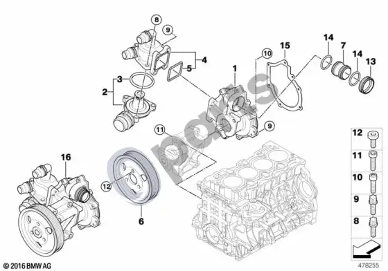 BMW 3 E46 vandens siurblys - termostatas (E46 316TIN40, E46 316IN40, E46 316CIN40, E46 316CIN45, E46 316IN45, E46 316TIN45) – schema
