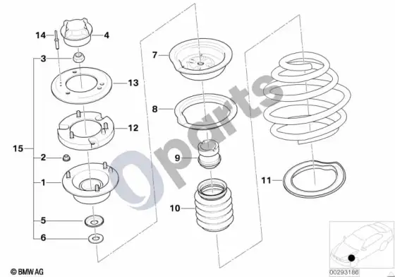 BMW 3 E46 kreipiklio atrama/spyruoklės pagalvėlė/tvirtinimo detalės (E46 316TIN40, E46 316TIN42, E46 318TD, E46 318TIN42, E46 316IN40, E46 316CIN40, E46 318CIN42, E46 318DM47, E46 316IN45, E46 316TIN45, E46 316TIN46, E46 318TIN46) – schema