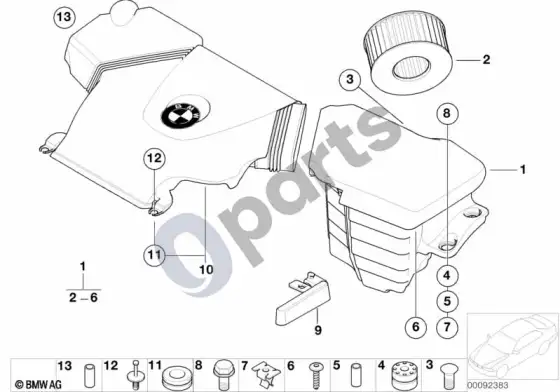 BMW 3 E46 įsiurbimo oro duslintuvas / filtro elementas (E46 316TIN42, E46 318TIN42, E46 316IN42, E46 318IN42, E46 316IN40, E46 316CIN40, E46 318CIN42, E46 316CIN45, E46 318CIN46, E46 318IN46, E46 316IN46, E46 316IN45, E46 316TIN46, E46 318TIN46) – schema