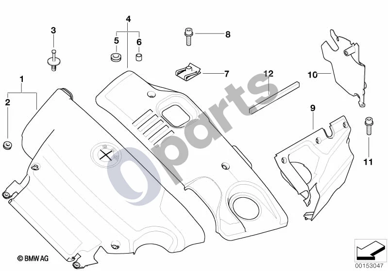 BMW 3 E46 (1998–2005) Variklio akustika (E46 318DM47) schema – pozicija 09: Garso izoliacinis gaubtas, kairysis