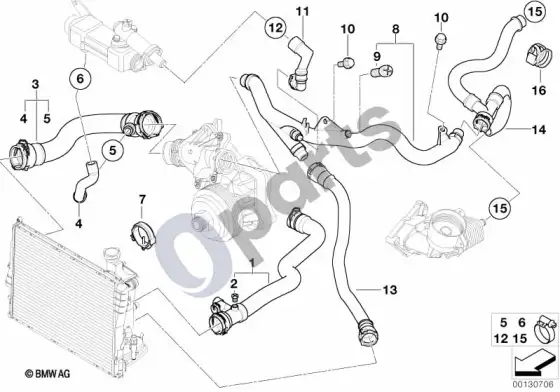 BMW 3 E46 aušinimo sistemos vandens žarnos (E46 318TD) – schema