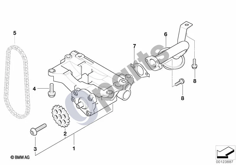 BMW 3 E46 (1998–2005) Tepimo sistema / Alyvos siurblys su pavara (E46 318TD, E46 318DM47N) schema – pozicija 01: Alyvos siurblys