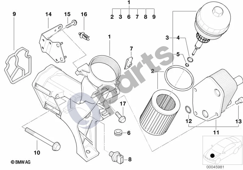 BMW 3 E46 (1998–2005) Tepimo sistema – alyvos filtras, šilumokaitis (E46 320DM47, E46 318DM47) schema – pozicija 09: Profilinis tarpiklis