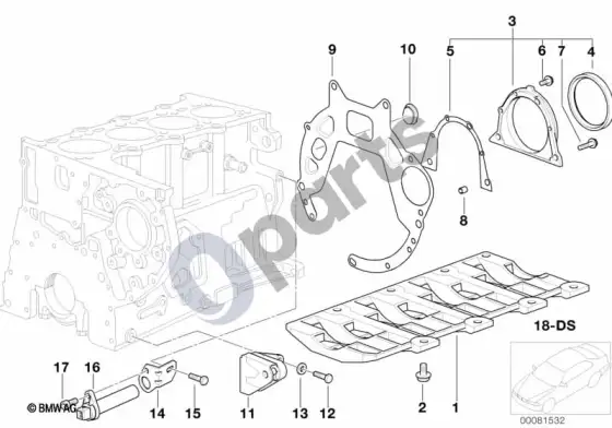 BMW 3 E46 variklio bloko tvirtinimo detalės (E46 320DM47) – schema